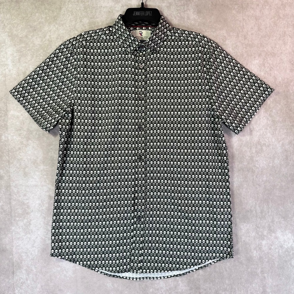 International Report Button Men Medium Black Skull Print Stretch Shirt Goth Punk